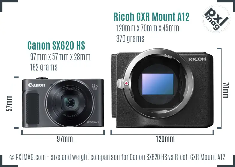 Canon SX620 HS vs Ricoh GXR Mount A12 size comparison