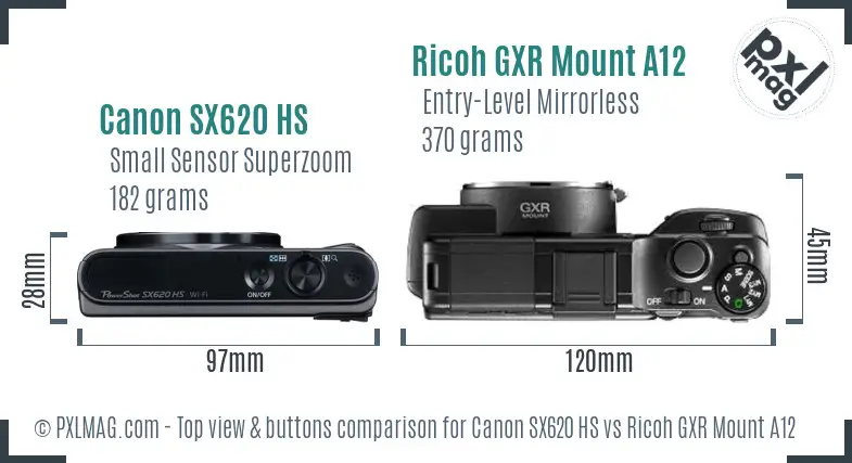 Canon SX620 HS vs Ricoh GXR Mount A12 top view buttons comparison