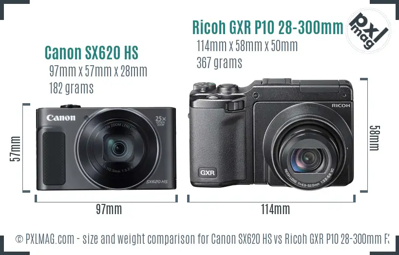 Canon SX620 HS vs Ricoh GXR P10 28-300mm F3.5-5.6 VC size comparison Canon SX620 HS vs Ricoh GXR P10 28-300mm F3.5-5.6 VC size comparison