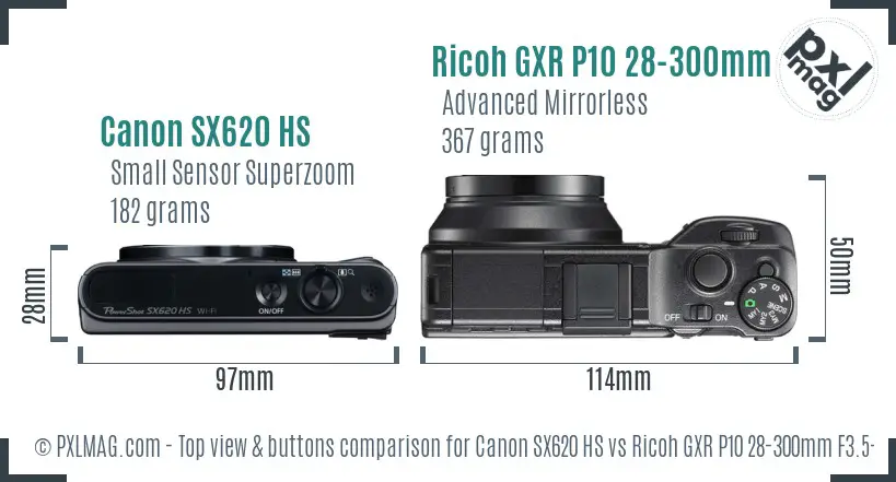 Canon SX620 HS vs Ricoh GXR P10 28-300mm F3.5-5.6 VC top view buttons comparison Canon SX620 HS vs Ricoh GXR P10 28-300mm F3.5-5.6 VC top view buttons comparison