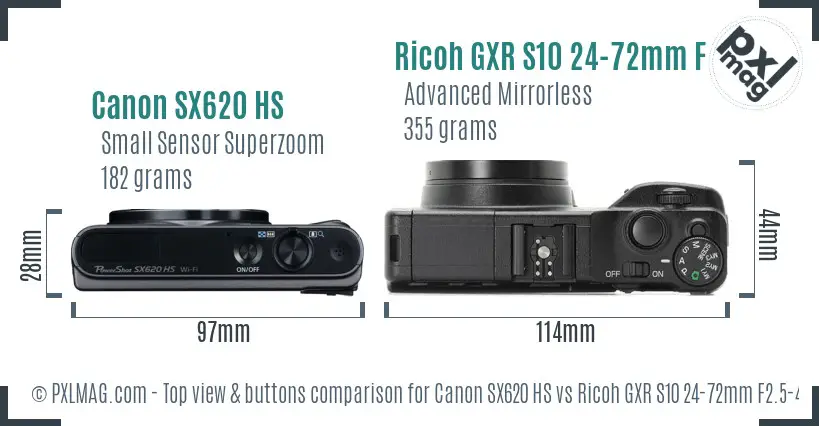 Canon SX620 HS vs Ricoh GXR S10 24-72mm F2.5-4.4 VC top view buttons comparison