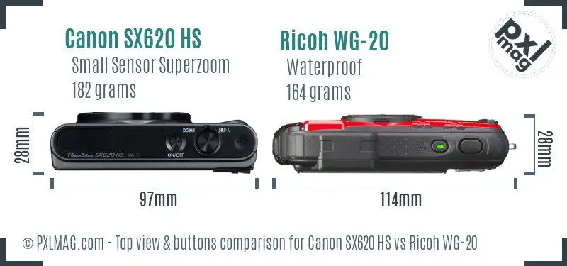 Canon SX620 HS vs Ricoh WG-20 top view buttons comparison