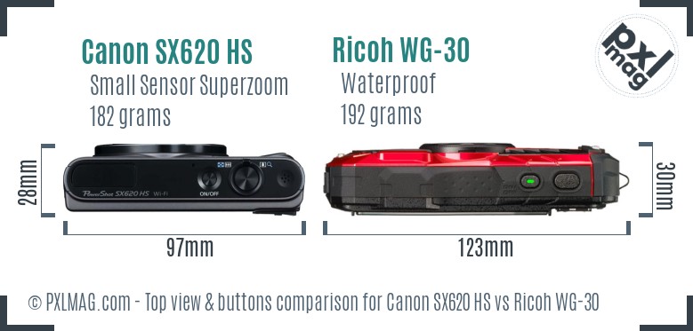 Canon SX620 HS vs Ricoh WG-30 top view buttons comparison