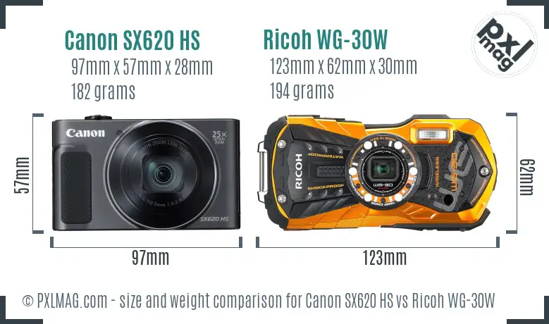 Canon SX620 HS vs Ricoh WG-30W size comparison