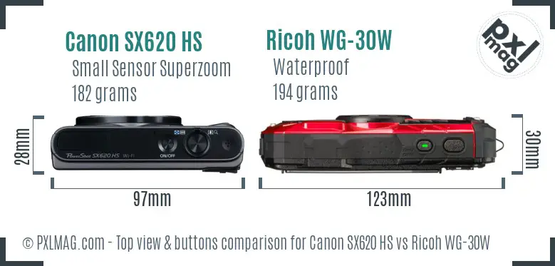 Canon SX620 HS vs Ricoh WG-30W top view buttons comparison