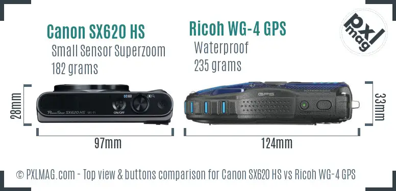 Canon SX620 HS vs Ricoh WG-4 GPS top view buttons comparison
