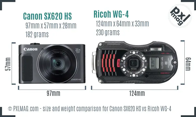 Canon SX620 HS vs Ricoh WG-4 size comparison