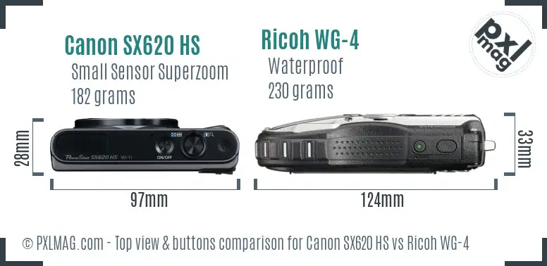 Canon SX620 HS vs Ricoh WG-4 top view buttons comparison
