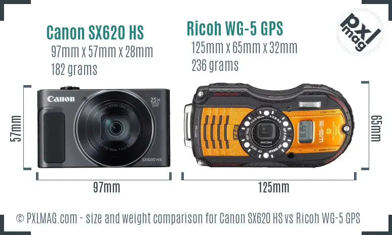 Canon SX620 HS vs Ricoh WG-5 GPS size comparison Canon SX620 HS vs Ricoh WG-5 GPS size comparison