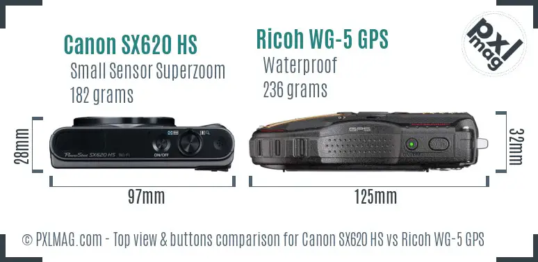 Canon SX620 HS vs Ricoh WG-5 GPS top view buttons comparison Canon SX620 HS vs Ricoh WG-5 GPS top view buttons comparison