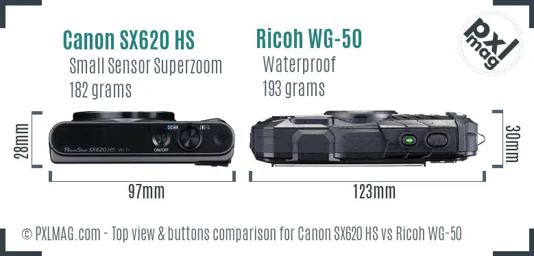 Canon SX620 HS vs Ricoh WG-50 top view buttons comparison