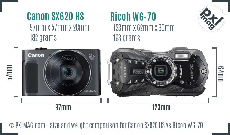 Canon SX620 HS vs Ricoh WG-70 size comparison