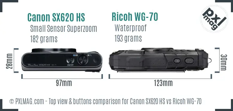 Canon SX620 HS vs Ricoh WG-70 top view buttons comparison