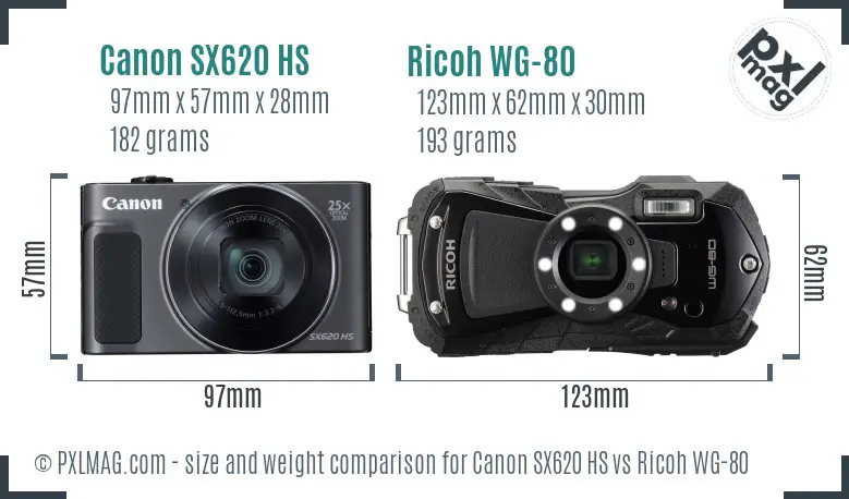 Canon SX620 HS vs Ricoh WG-80 size comparison