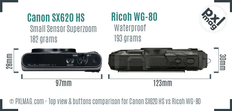 Canon SX620 HS vs Ricoh WG-80 top view buttons comparison