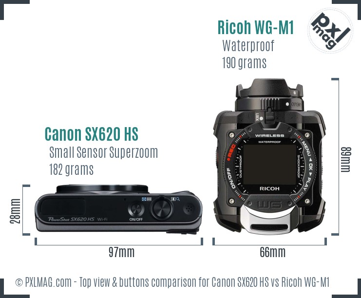Canon SX620 HS vs Ricoh WG-M1 top view buttons comparison