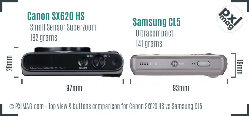 Canon SX620 HS vs Samsung CL5 top view buttons comparison Canon SX620 HS vs Samsung CL5 top view buttons comparison