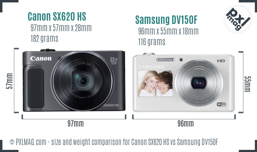 Canon SX620 HS vs Samsung DV150F size comparison