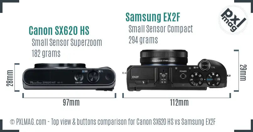 Canon SX620 HS vs Samsung EX2F top view buttons comparison