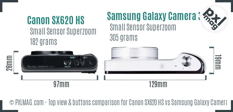 Canon SX620 HS vs Samsung Galaxy Camera 3G top view buttons comparison Canon SX620 HS vs Samsung Galaxy Camera 3G top view buttons comparison