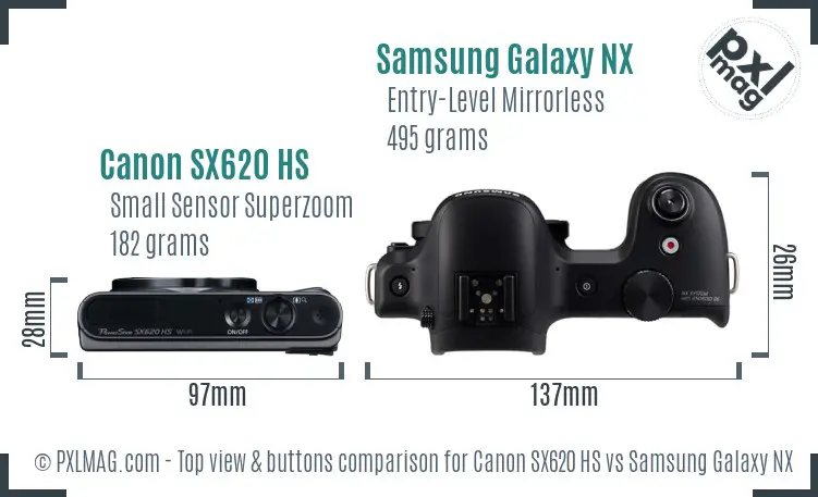 Canon SX620 HS vs Samsung Galaxy NX top view buttons comparison Canon SX620 HS vs Samsung Galaxy NX top view buttons comparison