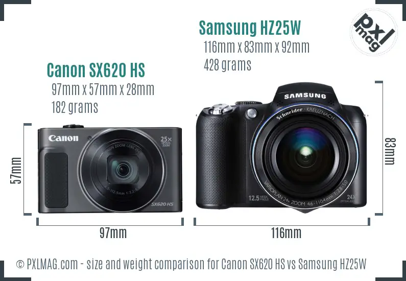 Canon SX620 HS vs Samsung HZ25W size comparison