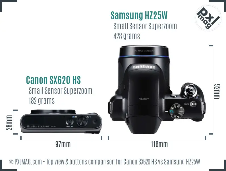 Canon SX620 HS vs Samsung HZ25W top view buttons comparison