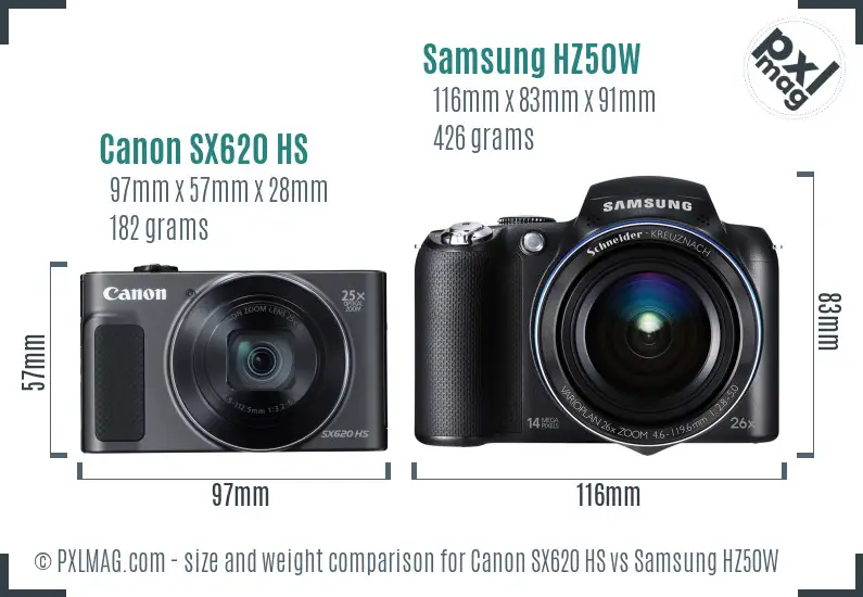 Canon SX620 HS vs Samsung HZ50W size comparison