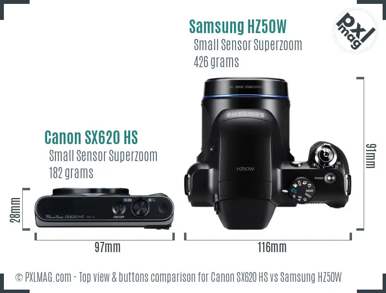 Canon SX620 HS vs Samsung HZ50W top view buttons comparison