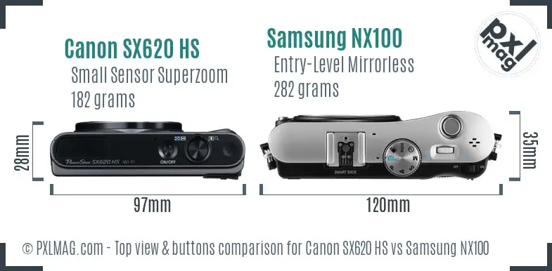 Canon SX620 HS vs Samsung NX100 top view buttons comparison Canon SX620 HS vs Samsung NX100 top view buttons comparison