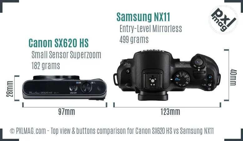 Canon SX620 HS vs Samsung NX11 top view buttons comparison Canon SX620 HS vs Samsung NX11 top view buttons comparison