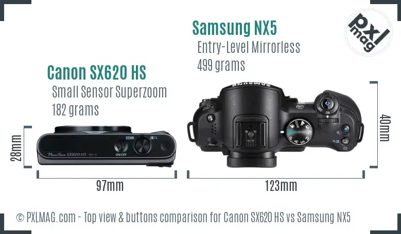 Canon SX620 HS vs Samsung NX5 top view buttons comparison Canon SX620 HS vs Samsung NX5 top view buttons comparison