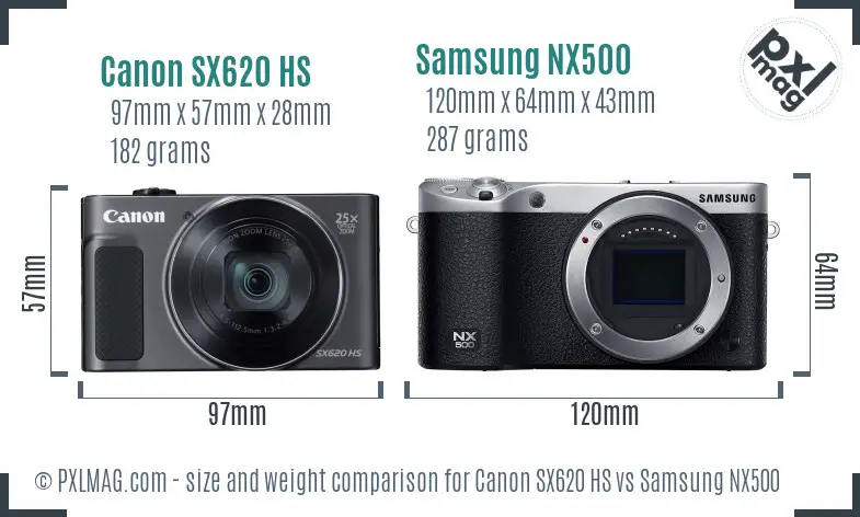 Canon SX620 HS vs Samsung NX500 size comparison