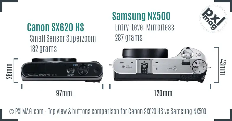 Canon SX620 HS vs Samsung NX500 top view buttons comparison