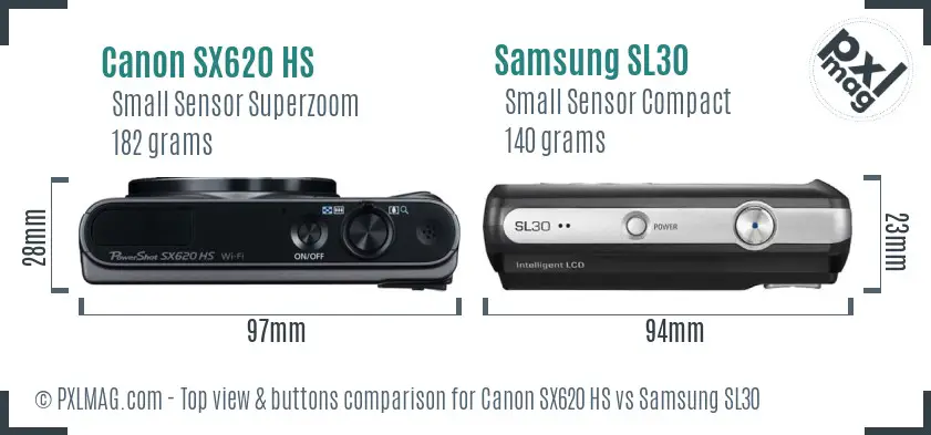 Canon SX620 HS vs Samsung SL30 top view buttons comparison