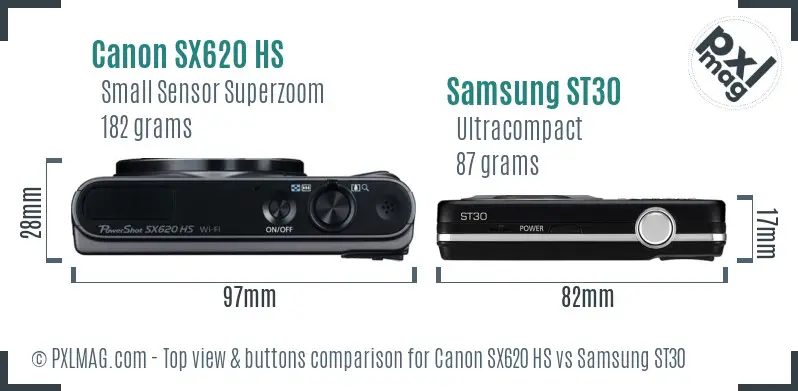 Canon SX620 HS vs Samsung ST30 top view buttons comparison Canon SX620 HS vs Samsung ST30 top view buttons comparison