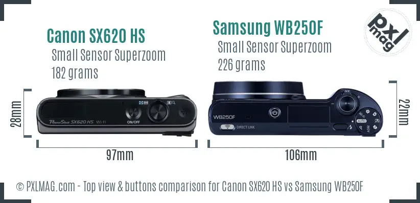 Canon SX620 HS vs Samsung WB250F top view buttons comparison Canon SX620 HS vs Samsung WB250F top view buttons comparison