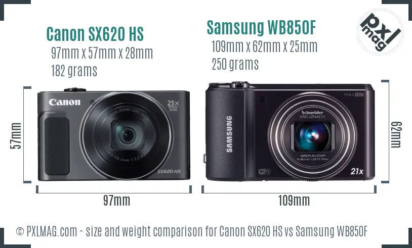 Canon SX620 HS vs Samsung WB850F size comparison