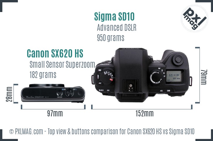 Canon SX620 HS vs Sigma SD10 top view buttons comparison