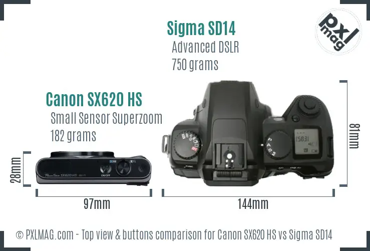Canon SX620 HS vs Sigma SD14 top view buttons comparison Canon SX620 HS vs Sigma SD14 top view buttons comparison