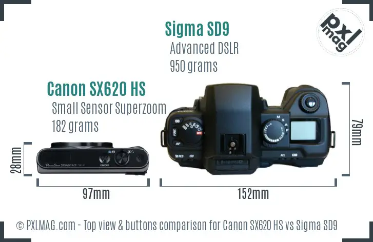Canon SX620 HS vs Sigma SD9 top view buttons comparison Canon SX620 HS vs Sigma SD9 top view buttons comparison