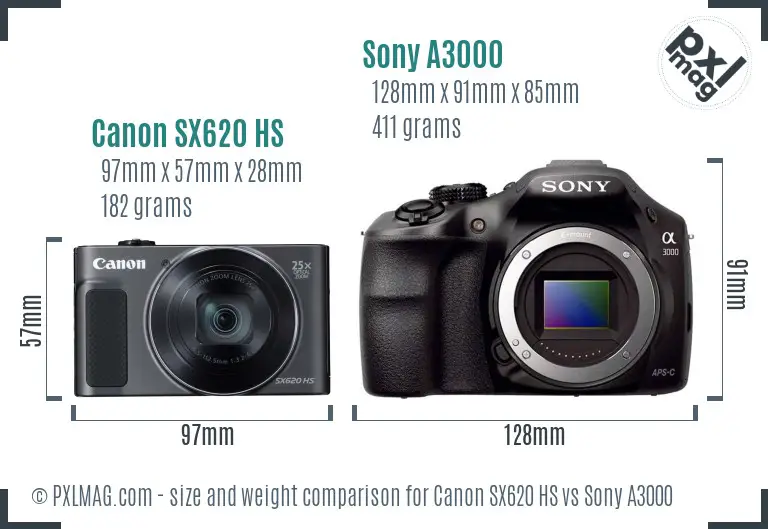 Canon SX620 HS vs Sony A3000 size comparison