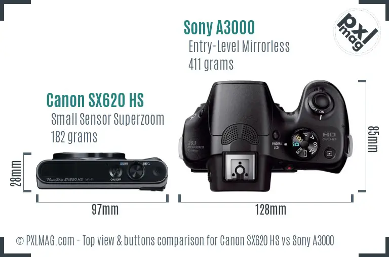 Canon SX620 HS vs Sony A3000 top view buttons comparison