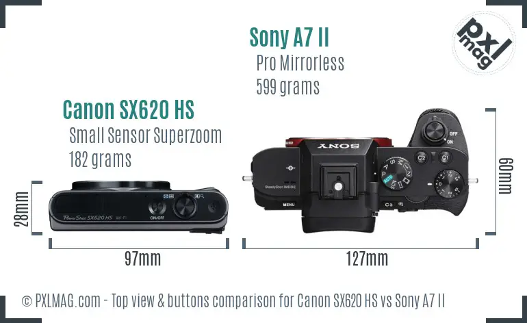 Canon SX620 HS vs Sony A7 II top view buttons comparison Canon SX620 HS vs Sony A7 II top view buttons comparison