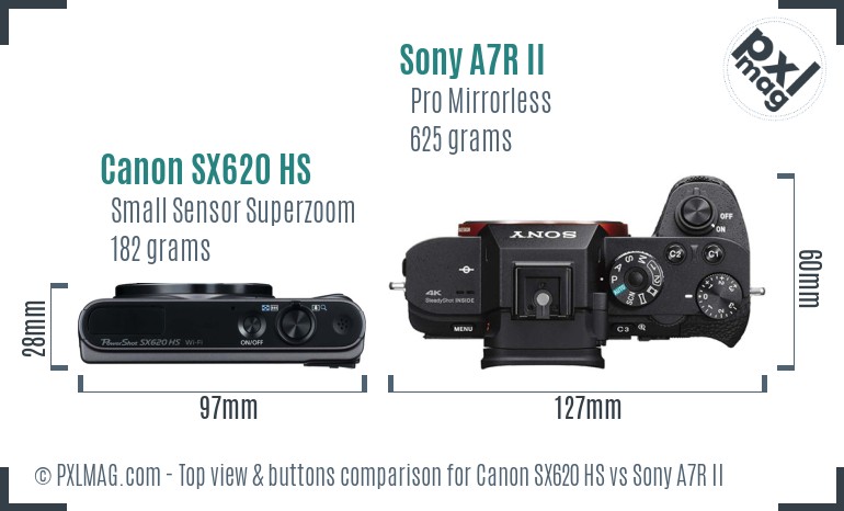 Canon SX620 HS vs Sony A7R II top view buttons comparison