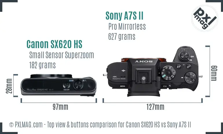 Canon SX620 HS vs Sony A7S II top view buttons comparison