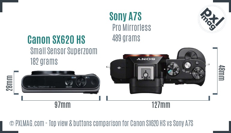 Canon SX620 HS vs Sony A7S top view buttons comparison