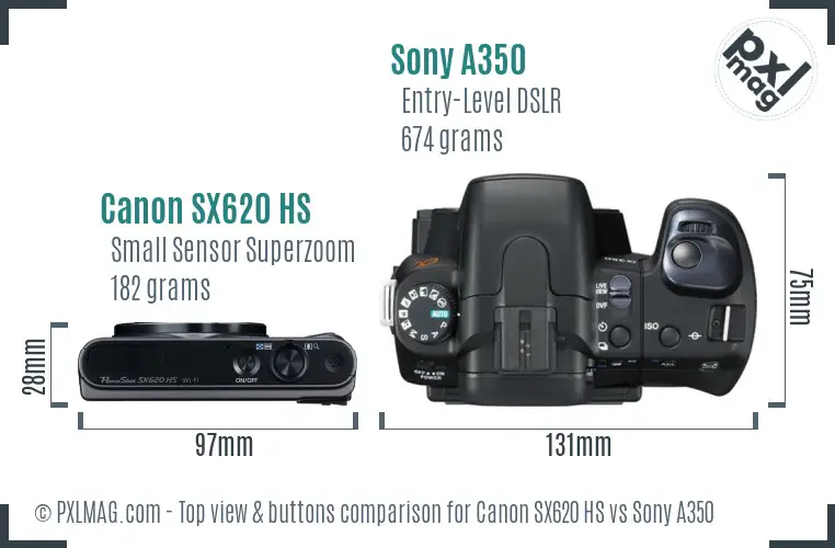 Canon SX620 HS vs Sony A350 top view buttons comparison Canon SX620 HS vs Sony A350 top view buttons comparison