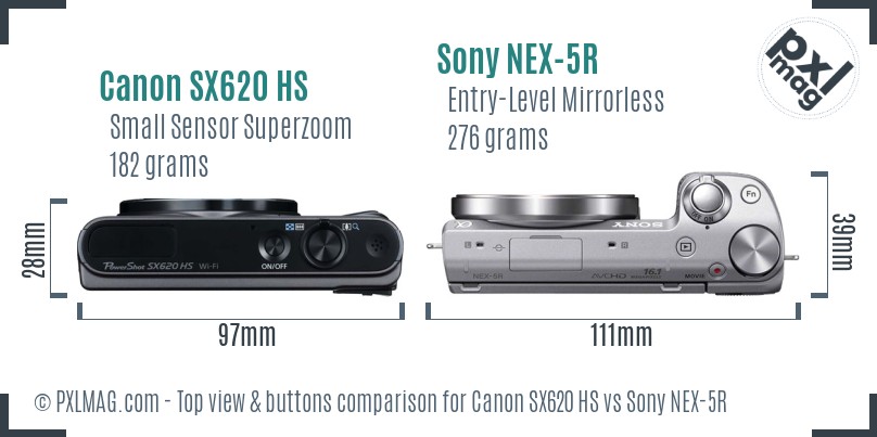 Canon SX620 HS vs Sony NEX-5R top view buttons comparison