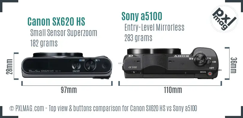 Canon SX620 HS vs Sony a5100 top view buttons comparison Canon SX620 HS vs Sony a5100 top view buttons comparison
